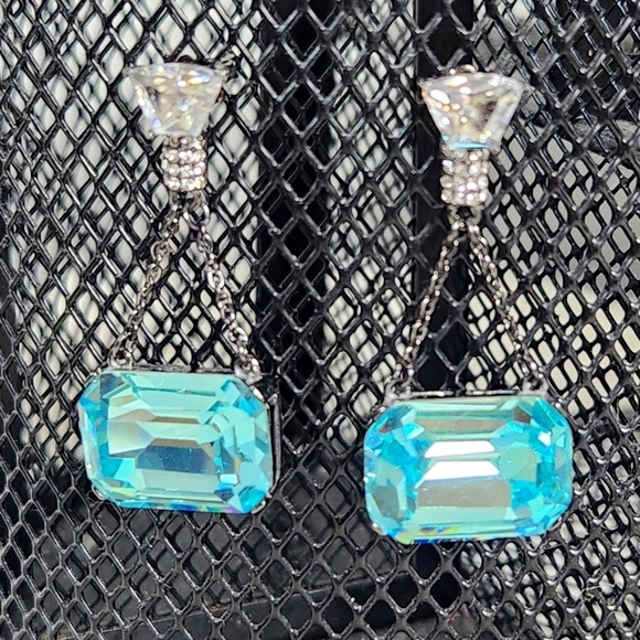 Emerald Cut 14.20ct Sea Blue Aquamarine Gunmetal Statement Dangle Earrings - Picture 1 of 9